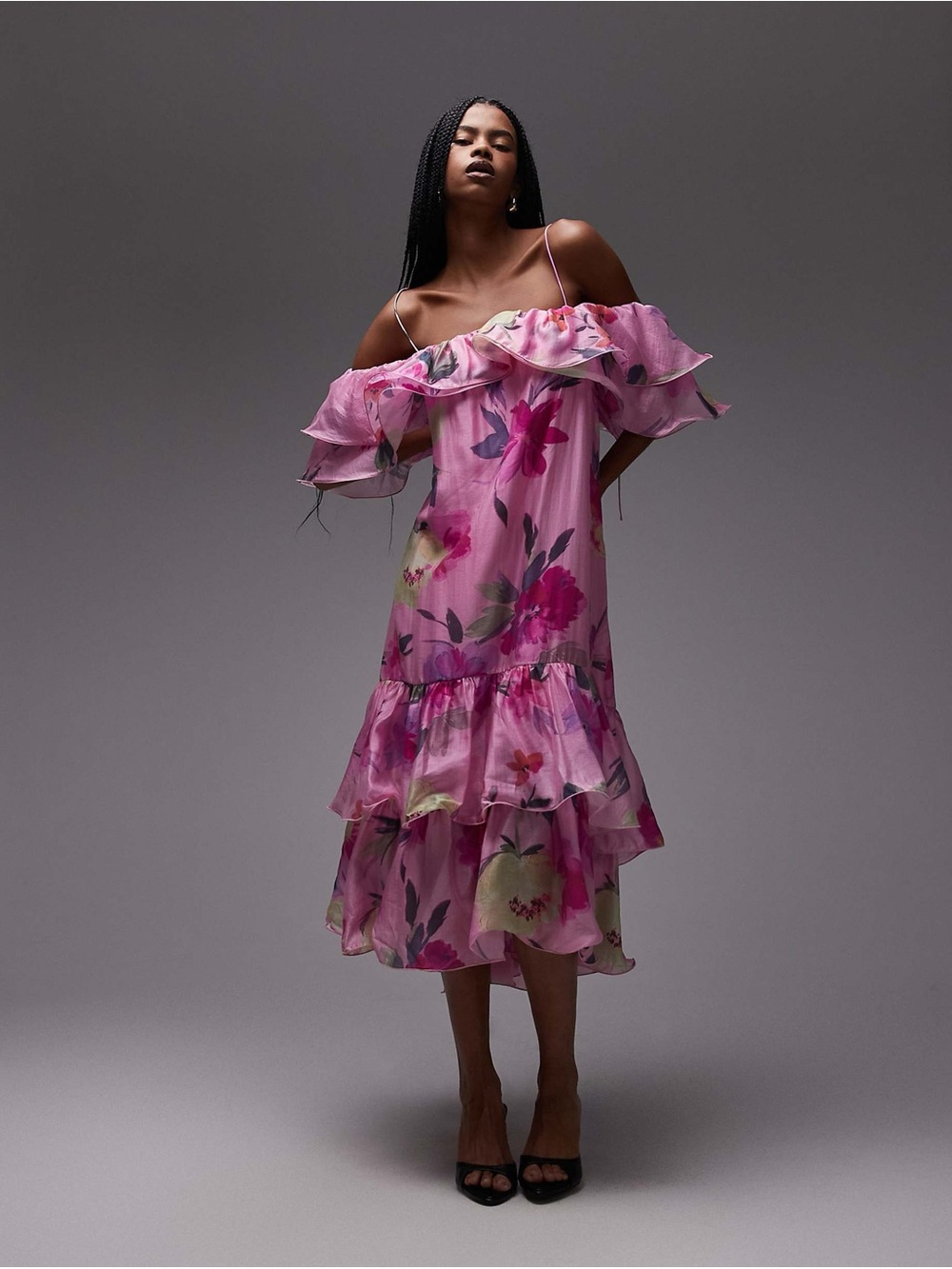 & Other Stories off-shoulder ruffle midaxi dress in pink floral print